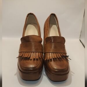 Square Toe Platform Block Heel Pumps Brown Size 34